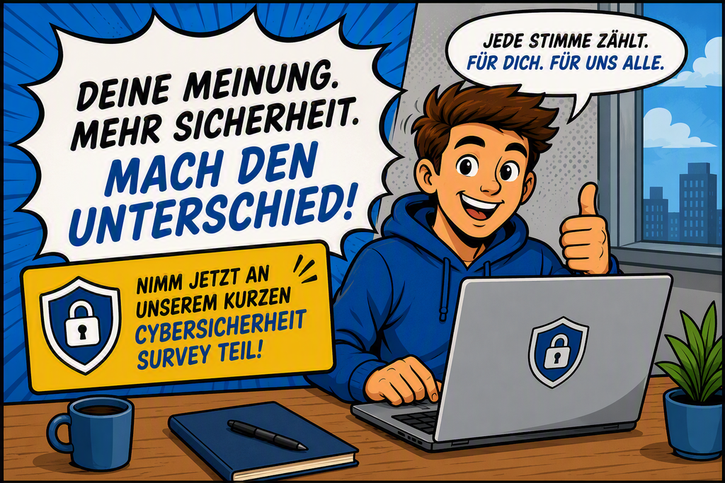 Mann vor dem Laptop lädt zu einem Survey ein und hebt den linken Daumen
